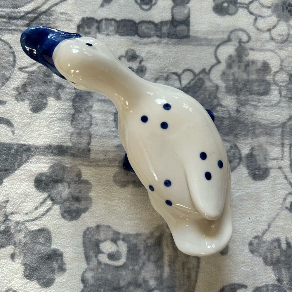 Vintage Hand-Painted Ceramic Duck Figurine – 8" Long with Blue Polka Dot Accents - Picture 5 of 5